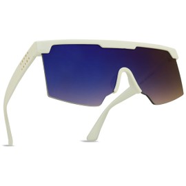 ShadyVEU Oversized Futuristic Flat Top Half Frame Retro Mirrored Colored Sunglasses (White Frame/Blue Lens)