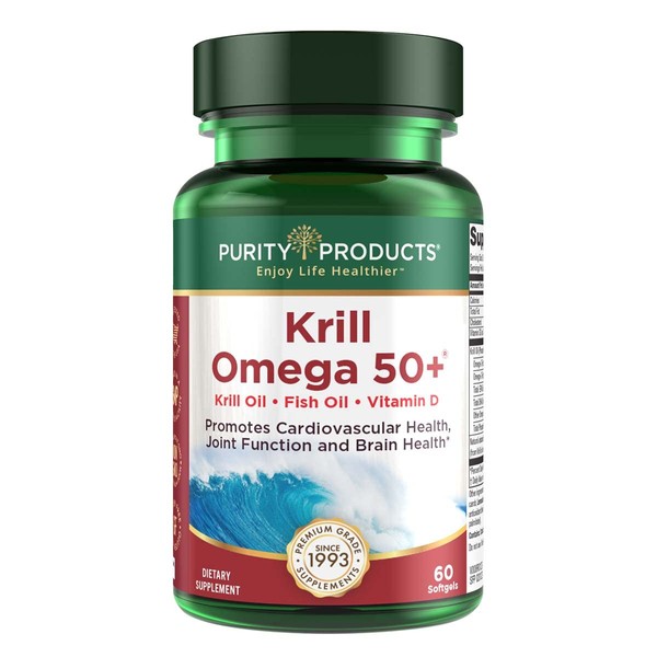Purity Products Krill Omega 50 (Krill + Fish Oil Blend 1000mg + Astaxanthin 500mcg + Phospholipids 200mg + Vitamin D 500 IU) - 60 Mini Softgels