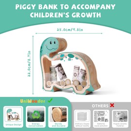 Wooden Dinosaur Brachiosaurus Piggy Bank for Kids Money Coin Bank, Unbreakable Piggy Bank DIY Personalizable Kids Safe Money Box with Stickers, Toddler Birthday Baptism Gifts for Boys Girls