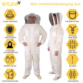 Ventilated Bee Suit, 3 Layer Sting-Proof Beekeeping Suit Beekeeper Suit for Men & Women with Gloves & 2 Beekeeping Veils for Beekeepers - S