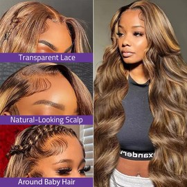 SOSEXY Ombre Body Wave Lace Front Wigs Human Hair 180% Density 4/27 Human Hair Wig Glueless Highlight 24 Inch 13x4 HD Lace Front Wigs Human Hair Curly