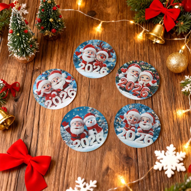 Santa Claus Christmas Tree Ornaments: 5pcs 2D Funny Flat Round