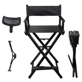 Lorvain Folable Makeup Artist Stool, Portable Tall Folding Director's Chair, Aluminum Makeup Chair with Head Rest for Studio Salon Vanity, Bar Height - Black
