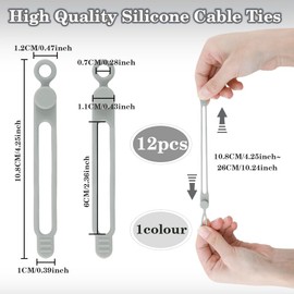 12Pcs Grey Silicone Cable Ties, Grey Cord Strap, Silicone Cable Straps, Rubber Cable Ties, Charger Computer Headphone Mouse Cord Ties for Office Home Kitchen School Travel Organization