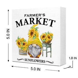 Farmer's Market Sunflower Gnome Wooden Plaque Sign Desk Decor,Rustic Floral Gnome Wood Block Sign Desk Decorations for Summer Home Living Room Office Garden Shelf Table Decor