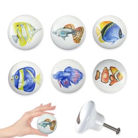 Lasyman Set of 6 Ceramic Kids Nursery Cute Fish Cabinet Door Coastal Beachy Dresser Drawer Knobs and Pulls Handles 1.5 X 1.5 Inches