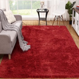 Garvee 5x8 Fluffy Bedroom Area Rug Washable Soft Shag Large Living Room Rug with Non-Slip Backing Plush Fuzzy Nersery Modern Solid Color Throw Carpet for Boys Girls Kids Room Dorms Bedside, Red