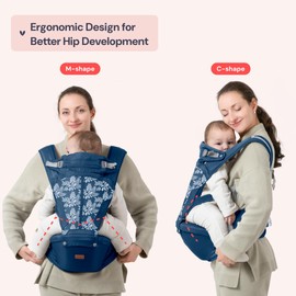 BabbleRoo 6-in-1 Baby Carrier with Hip Seat, Ergonomic, Cozy & Adjustable Toddler Carrier 7-50 lbs with Hip & Lumbar Support, Hood for Sun Protection, Baby Carrier Newborn to Toddler, Denim Leaves