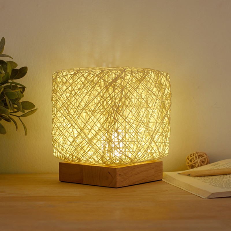 Rattan Table Lamp with LED Bulb USB Powered Decorative Hand
