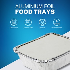CafeTEq Large Aluminium Foil Trays Food Large Container with lids Oven BBQ Takeaway Roasting Freezing Storing (No 9) 9" x 9" x 2" (5)