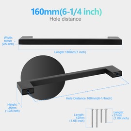 Redunest Cabinet Pulls Matte Black Cabinet Handles Square Drawer Pulls, 2 Pack 6-1/4 Inch 160mm Hole Centers Stainless Steel Kitchen Door Cupboard Cabinet Handles, Drawer Hardware Handles