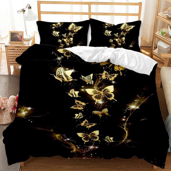 EHAOKK Golden Butterfly Duvet Cover, Bed Linen with Butterflies, Blue, Purple, Colourful Fantasy Butterfly Duvet Cover, 3D Butterflies Bedding Sets (B, 135 x 200 cm)
