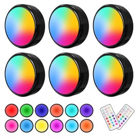 ILYXY LED Puck Lights with Remote, 6 Pack Under Cabinet Lighting, Battery Operated Push Light, Dimmable & Color Changing Tap Lights, Stick-On, Shiny Black