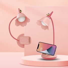 KoudHug Pink Desk Lamp with Clamp, Rechargeable LED Small Lamp, Adjustable Gooseneck, Dimmable Cute for Kids Girls Bedroom Dorm Office