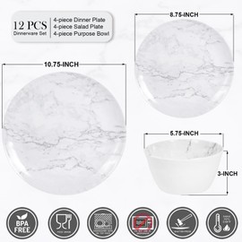 12-Piece Melamine Dinnerware Sets, Modern White Round Dish Set for 4 - Serving Plates and Bowls Sets for Snack, Dessert, Salad, Soup, Pasta - White Marble Pattern