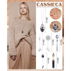 CASSIECA 6Pcs Long Pendant Necklace for Women Lady Statement Sweater Necklace Set Silver Plated Rhinestone Flower Tassel Necklace Y Simple Necklaces Sweater Chain Fashion Jewelry Women Gifts