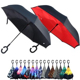 Parquet Purple and Blue Flower Double Layer Inverted Umbrellas - C Shaped Handle Reverse Folding Windproof Umbrella for Men and Women
