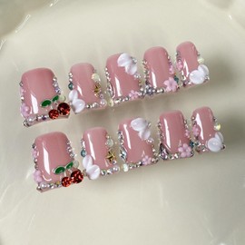 10 Pcs 100% Handmade Press on Nails Duck Medium 3D Cherry False Nails with Glue,3D Flower Luxury Rhinestone Pattern Design Full Cover Glossy Acrylic Nude Pink Fake Nails for Women（Size S）
