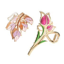 Yonchic 2-Piece Multiple Shapes Metal Hair Clips, Leaves Hair Claws for Thin/Medium Thick Hair, Elegant Tulip Barrettes Strong Hold Hair Clamps Non Slip Cute Hair Catch Clip Accessories