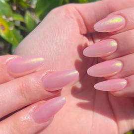 GLAMERMAID Press on Nails Medium Almond - Handmade Glossy Gel Nude Pink Golden Glitter Galaxy Fake Nails Shinny Short Stiletto, Pearl Shimmer Acrylic False Nail Kits Stick Glue on Nails Srt for Women