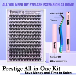 Pawotence Lash Extension Kit DIY 280pcs Individual Lash Clusters Kit 9-16mm 40D Cluster Eyelash Extension Kit with Lash Bond and Seal, Lash Remover, Lash Tweezers for Self Use (40D, 9-16mm, All Kit)