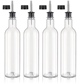 RimCereal 4 Pack 25 oz Plastic Long Neck Bottles with Stainless Steel Pourer and Caps Alcohol Juice Liquor Pour Bottles Syrup Leakproof Tapered Spout Container for Home Use Bartending Supplies
