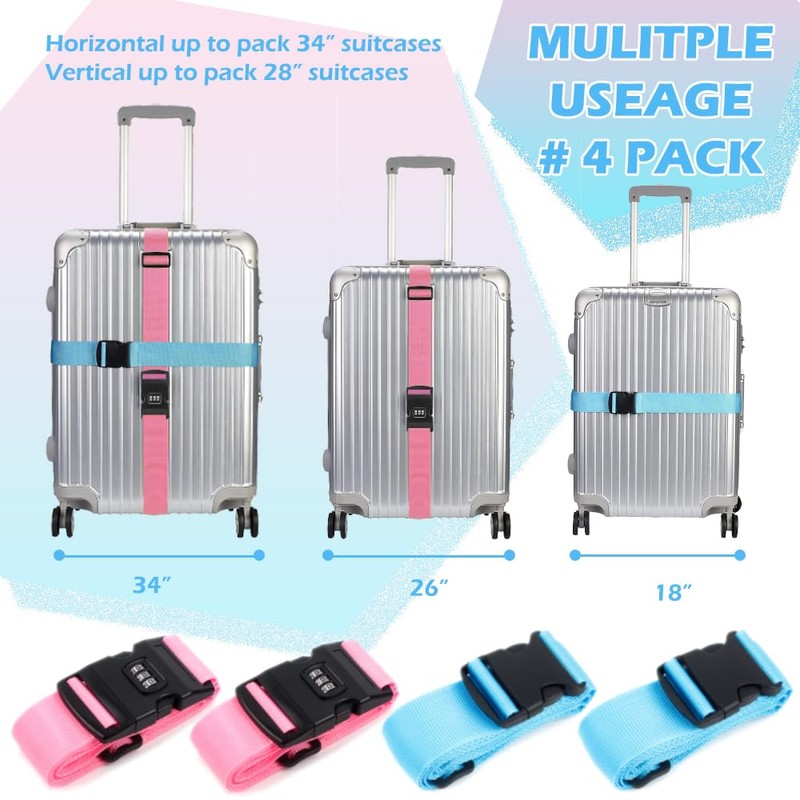 Aieino Lockable Luggage Straps 4 Pack, Heavy Duty Suitcase Straps