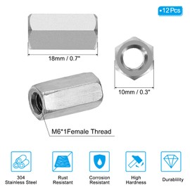 PATIKIL M6 x 1-Pitch 304 Stainless Steel Hex Coupling Nuts, 12Pcs 18mm/ 0.7" Length Coarse Fully Threaded Rod Coupling Nut Studding Connector Fasteners, Silver Tone