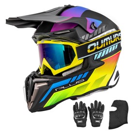 OUMURS Adult ATV Dirt Bike Helmet with Gloves & Mask Adjustable Sun Visor Motorcycle Adult Helmet Off-Road Motocross Downhill Moped MX for Unisex-Adult-Mutiple Black, XL