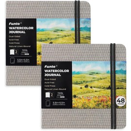 Funto Watercolour Journal, Square, Dual-Sided Cold-Pressed Paper, 5.5" x 5.5", Portable 2-Pack, 48 Pages Each, Gray Cover with Elastic Band, 110 lb/230gsm, Art Supplies for Mixed Media