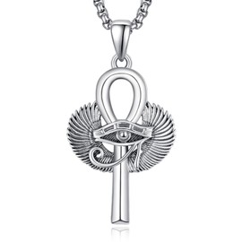 KATHLU Eye of Horus Ankh Cross Necklace for Men Women 925 Sterling Silver Key of Life Amulet Ankh Eye of Horus Pendant Gift for Mens