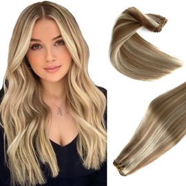 Sew In Hair Extensions Real Human Hair, 20 Inch Weft Extensions Real Remy Hair Golden Blonde Balayage Blonde Highlights Double Weft Full Head Straight Hair Weaves 100G Hair Weft Bundles Straight Hair
