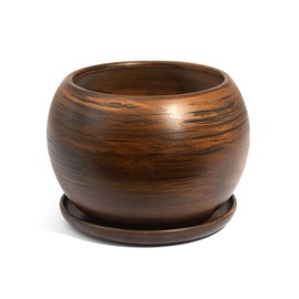 Ceramic Flower Pot Unique Sphere Hand-Painted Diameter 150 mm Brown with Saucer