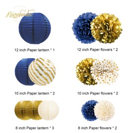 NICROLANDEE Navy Blue Gold Decorations, Pack of 12 Hanging Paper Lanterns, Tissue Paper Pompoms Decoration for Class 2024 Prom, New Year, Baby Shower Decoration, Birthday Decoration