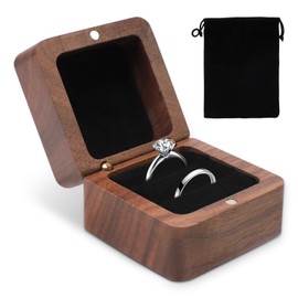 MIHURO Small Wooden Ring Box, Wedding Ring Box, Square Ring Gift Box for 2 Rings, Double Slot Vintage Ring Storage Box, Proposal Ring Box with Velvet Pouch for Engagements, Wedding Ceremonies