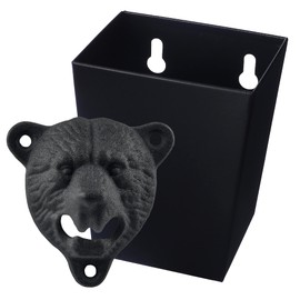 Matte Sanding Black Cast Iron Wall Mount Bottle Opener Grizzly Bear Teeth Bite with Small Narrow Stainless Steel Cap Catcher