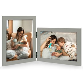 JD Concept Vertical Horizontal Combo, Double 4x6 Grey Wood Foldable Picture Frame, Opening 3.5x5.5, Desktop or Wall Mounted, Portrait and Landscape View