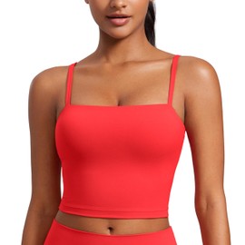 CRZ YOGA Butterluxe Adjustable Longline Sports Bras for Women - Square Neck Padded Workout Crop Top Camisole Tank Top Deep Red Medium