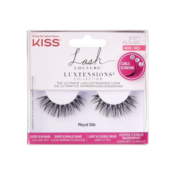 KISS Lash Couture LuXtensions Collection 1 Pair of Fake Lashes, Royal Silk, Lightweight and Flexible Faux Mink Eyelashes with Super Slim Eyelash Band, Includes Eyelash Glue