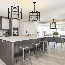 QMNHAU 5-Light Modern Drum Chandelier, 19'' Brushed Nickel Farmhouse Pendant Lights with Industrical Metal Cage, Adjustable Rustic Hanging Light Fixture for Dining Room Kitchen Island Bedroom Hallway