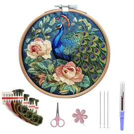 TIAMORK Cross Stitch Kits,Peacock Color Stamped Embroidery Craft Kit with Embroidery Hoops, Colored Thread and Needle