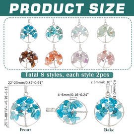 PH PandaHall 16pcs 8 Styles Tree of Life Pendant Natural Stone Colourful Natural Gemstone Jewellery Flat Crystals for DIY Necklace Earring Jewellery Thanksgiving Birthday Christmas Graduation Gift