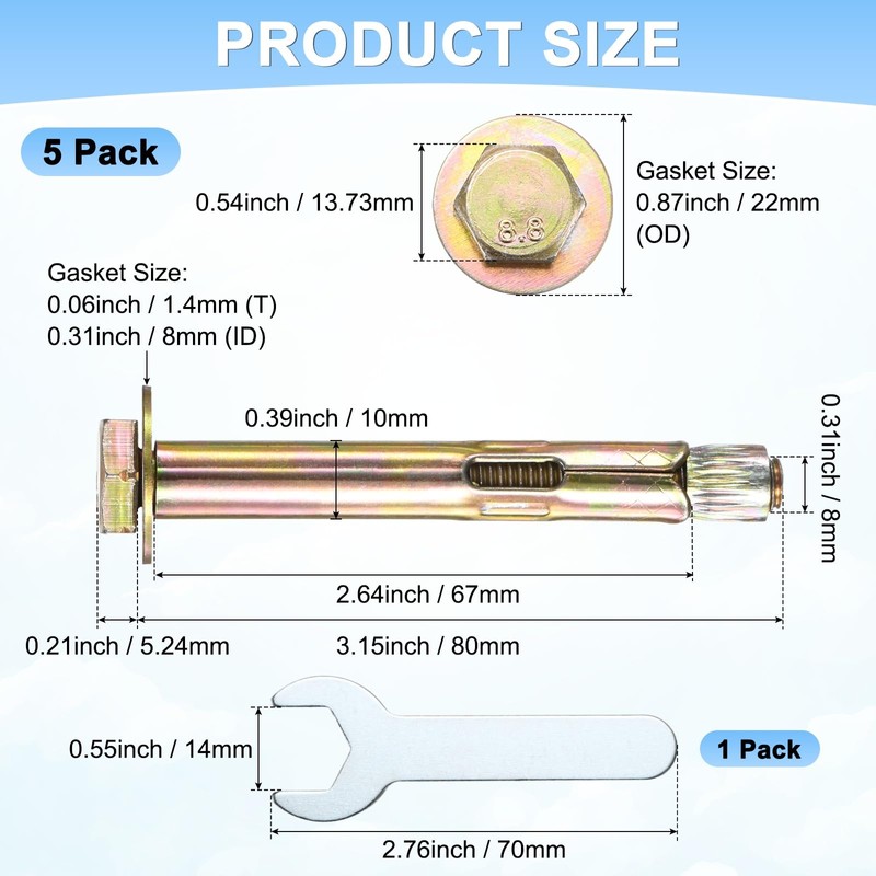 M METERXITY 5個入り 六角拡張ボルト M8x80mm カラー亜鉛メッキ鉄-炭素鋼 外六角拡張ボルト 14mmレンチ付き コンクリート/乾式ブロック/ブロック壁用 防錆メタルボルト