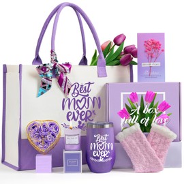 Gifts for Mom, Mother's Day Gift for Mom from Daughter Son, Birthday, Thanksgiving Day, Christmas Gifts for Mother, Care Package, Gift Basket with Canvas Tote Bag Sock Tumbler Soap Flower