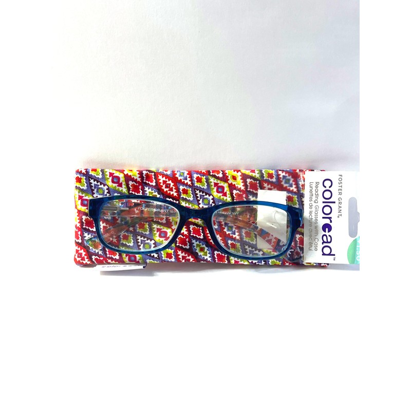 Foster Grant colored reading glasses, Makayla blue printed temples +1.25