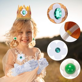 GHGMAO 4 Pcs Princess Daisy Crown Accessories Kit for Women Girls, Include Flower Crown Brooch Earrings Gloves, Dress Up Accessories for Kids