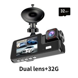 VAVUPO 3 Channel Dash Cam Front And Rear Inside, 1080P Dash Cam IR Night Vision, Loop Recording Car DVR Camera 3 Lens With 2.4 inch Screen 3 Cameras Car Dashcam, Car Black Box Recording At Same Time - Color: Dual lens+32G card