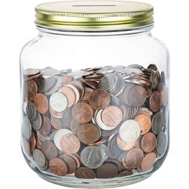Large Coin Bank Jar with Slotted Gold Lid Holds Over $1,450 in Coins- Used for Piggy Bank and Raffle Ticket Drawing - Glass Money Jar Made in USA - Size: Half Gallon Jar
