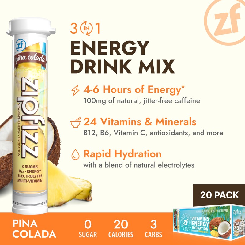 Zipfizz Daily Energy Drink Powder, Pina Colada, 20 Pack |