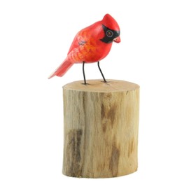 Brave Wings Hand Carved Wooden Bird ~ Red Bird on a Log 17cm High ~ Ornament Sculpture Figurine Statue Unique Table Decoration Home Decor ~ 1706